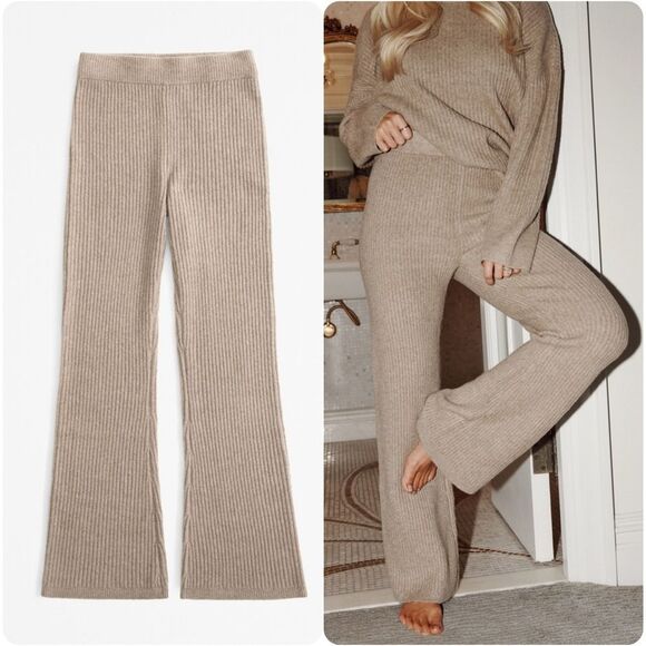 Abercrombie & Fitch High Rise Ribbed Bootcut Pant in Tan - Picture 1 of 8